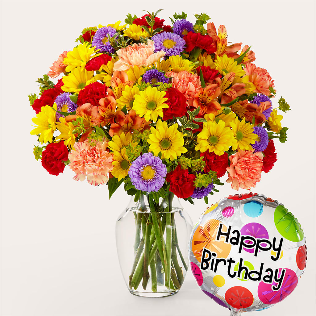 Kaleidoscope Bouquet with Birthday Balloon – Rimmon Heights Florist, Manchester NH