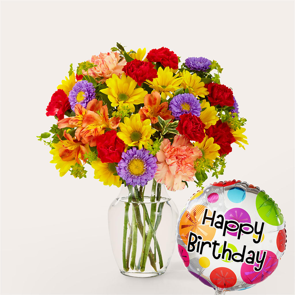 Kaleidoscope Bouquet with Birthday Balloon – Rimmon Heights Florist, Manchester NH