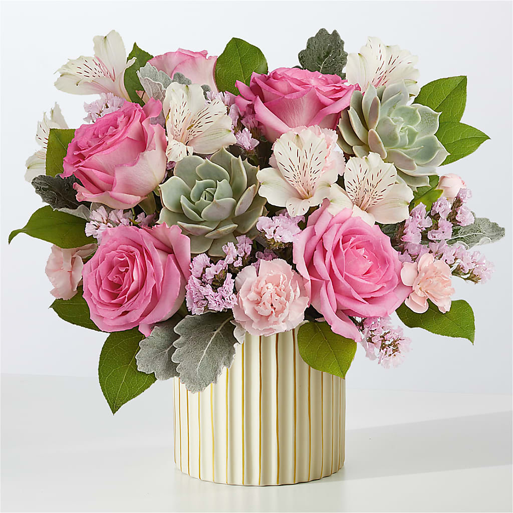 Dusty Rose Bouquet with Ivory Vase – Rimmon Heights Florist, Manchester NH