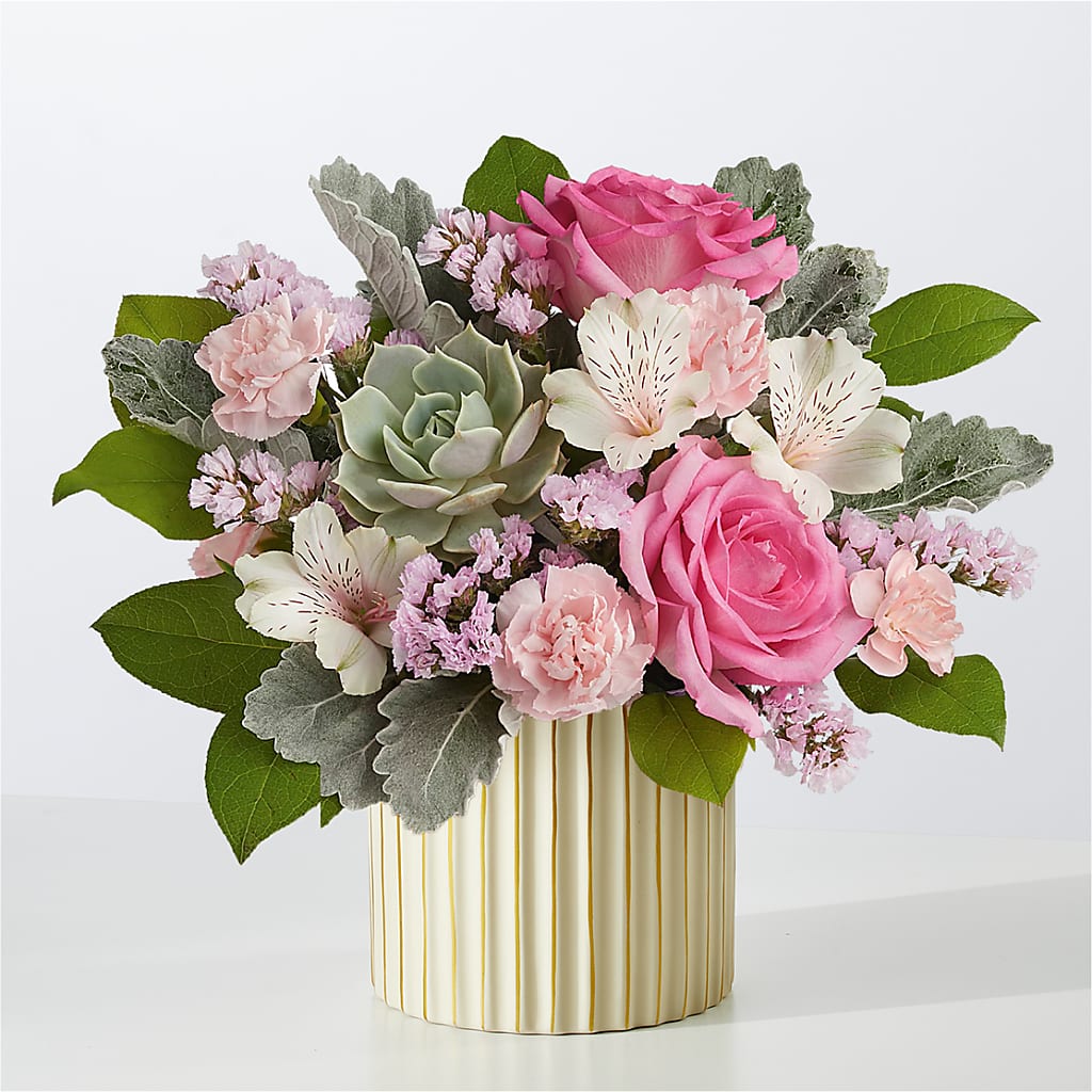 Dusty Rose Bouquet with Ivory Vase – Rimmon Heights Florist, Manchester NH