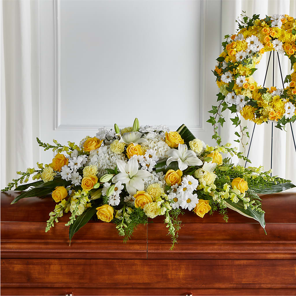 Golden Harmony Casket Spray – Rimmon Heights Florist, Manchester NH