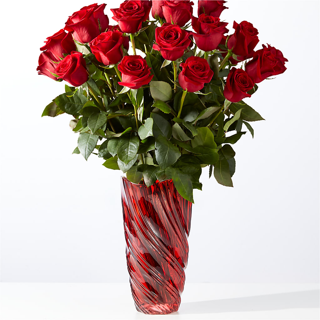 Classic Love Red Rose Bouquet with Luxe Swirl Vase – Rimmon Heights Florist, Manchester NH